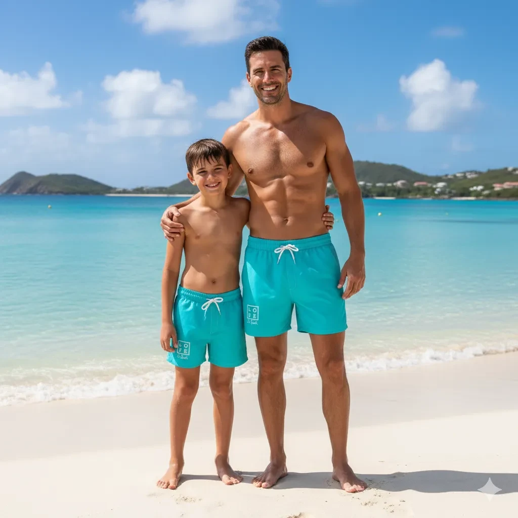 LOVE "OCEAN BLUE , BLACK & CAMEL" - Matching Father and Son Swim Shorts | Lightweight, Mesh Lining, Inner Netting, Elasticated Waistband Blue Petrol with Logo Print.