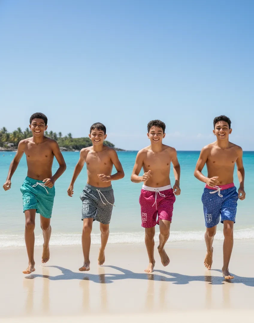 Swimwear "LOVE Duo"  –  Father & Son, Fuschia, Turquoise, gray and blue Model Anguilla