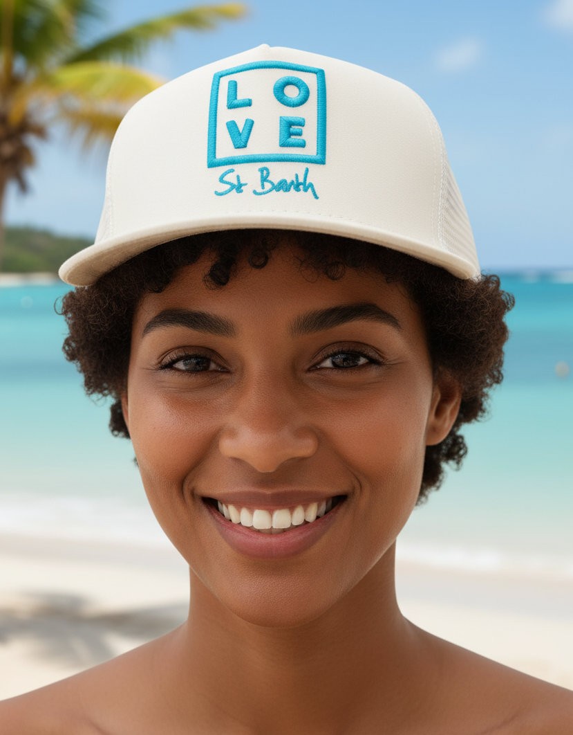 Trucker cap Love Concept Store– Cream white/White – Embroidered logo in turquoise, pink and dark orange