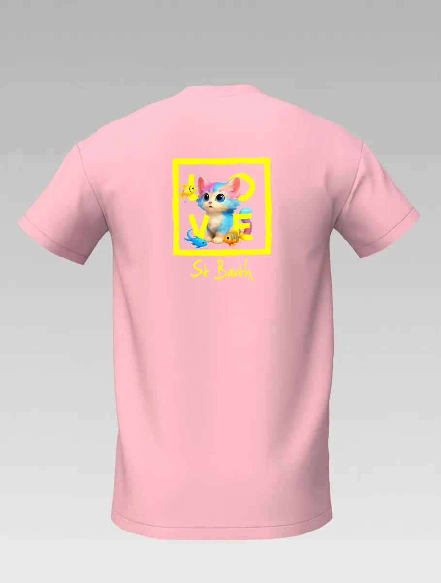 Pink Kids’ T-shirt – Playful Cat and Fish – St Barth & St Martin Signature – LOVE Edition