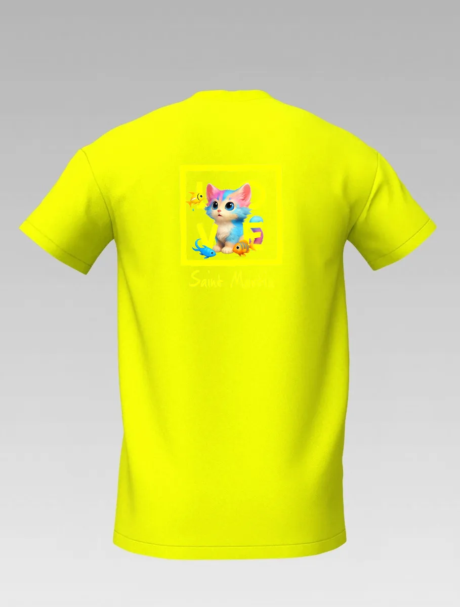 Yellow Kids’ T-shirt – Playful Cat and Fish – St Barth & St Martin Signature – LOVE Edition