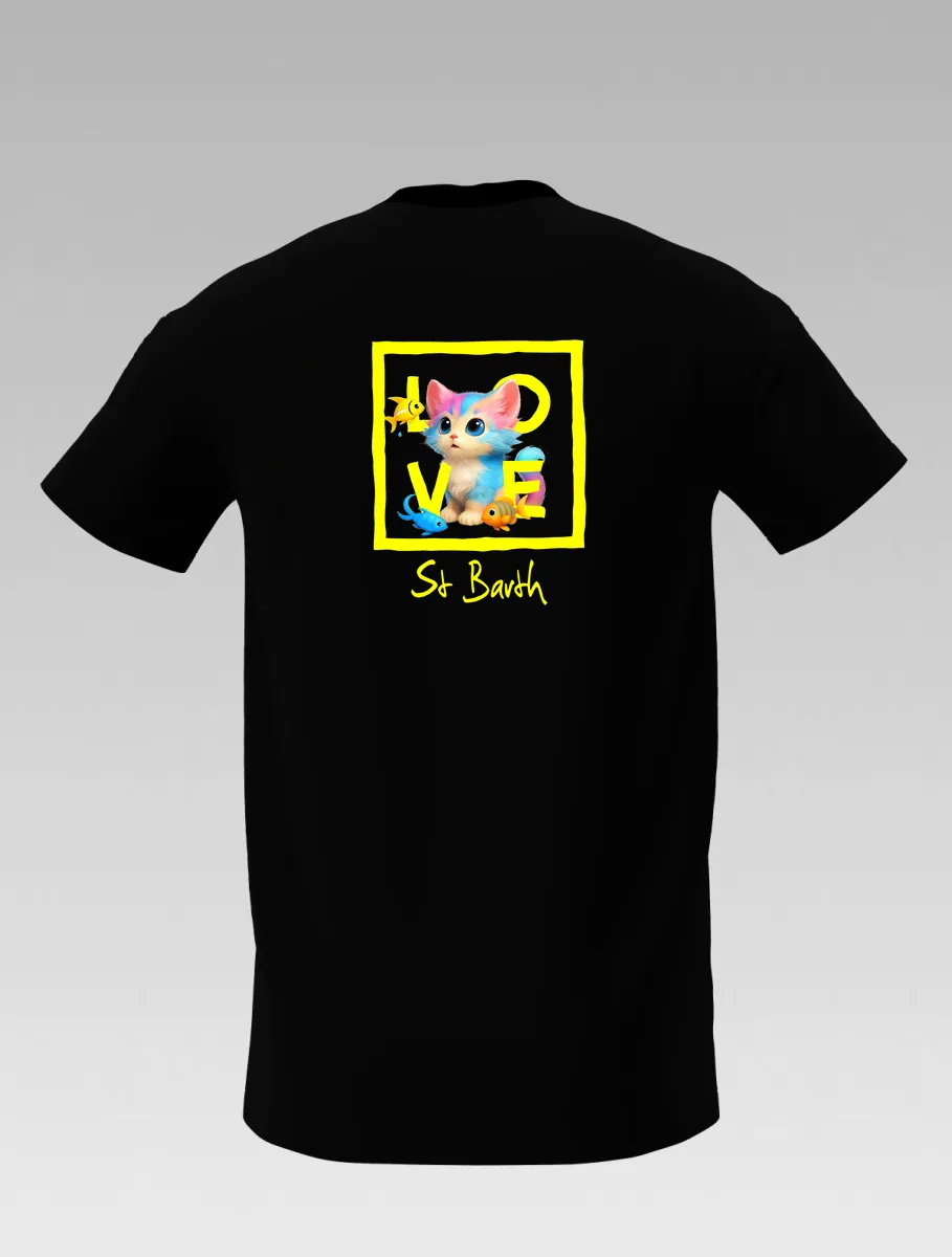 Black Kids’ T-shirt – Playful Cat and Fish – St Barth & St Martin Signature – LOVE Edition