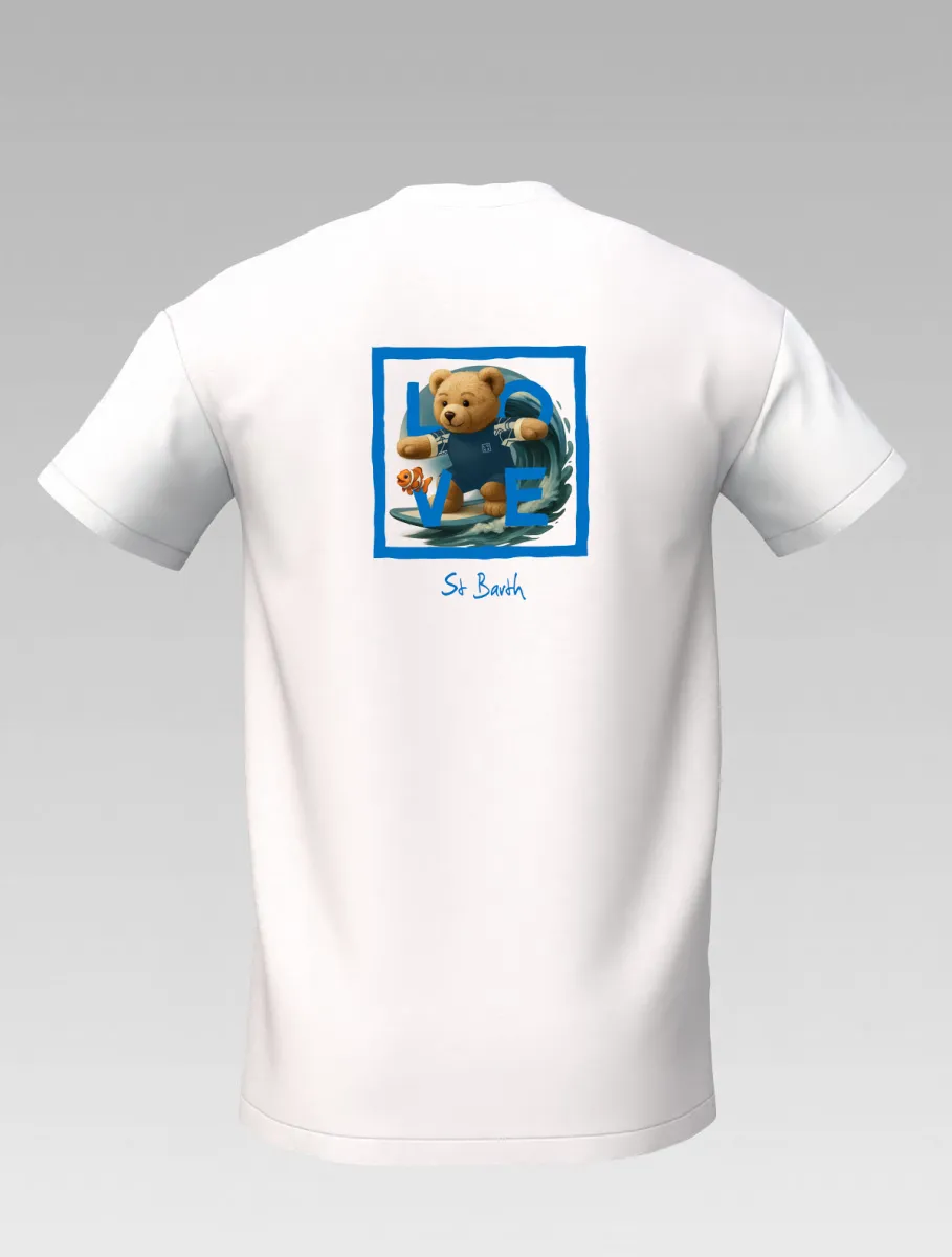 White Kids’ T-shirt – Surfing Bear – Signature St Barth & St Martin – LOVE Edition