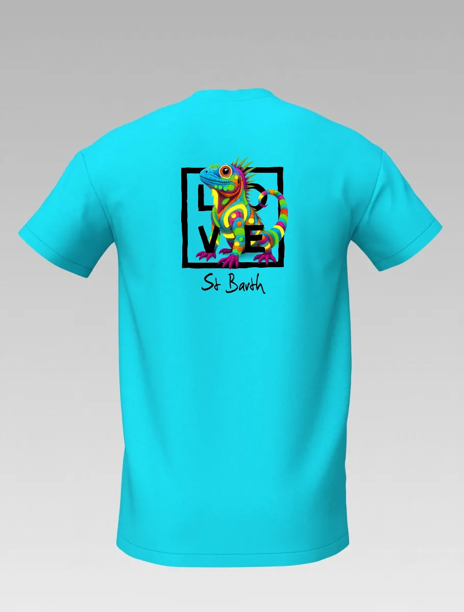 Kids’ turquoise T-shirt – Cotton and elastane – Iguana of St. Barth San Martin – LOVE Children’s Edition-
