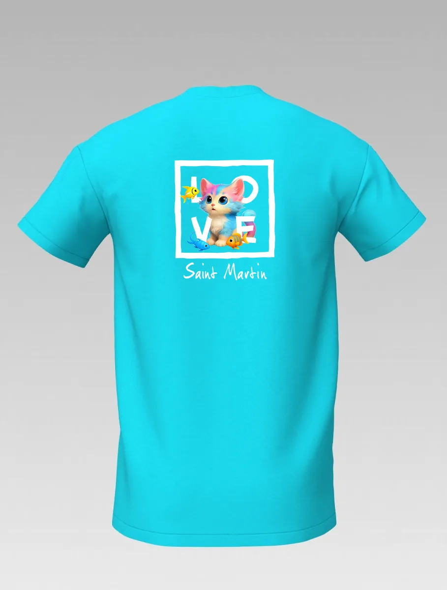 Blue Kids’ T-shirt “Caribbean Sky” – Playful Cat and Fish – St Barth & St Martin Signature – LOVE Edition