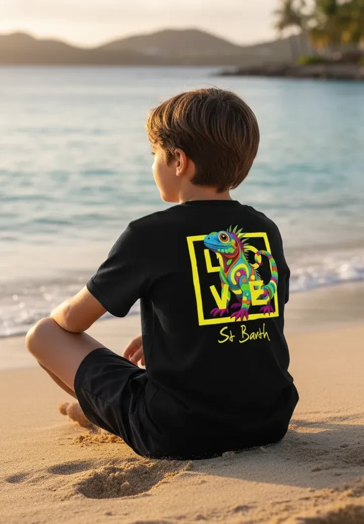 Black kids’ T-shirt – Tropical Iguana – Signature St Barth & St Martin – LOVE Edition