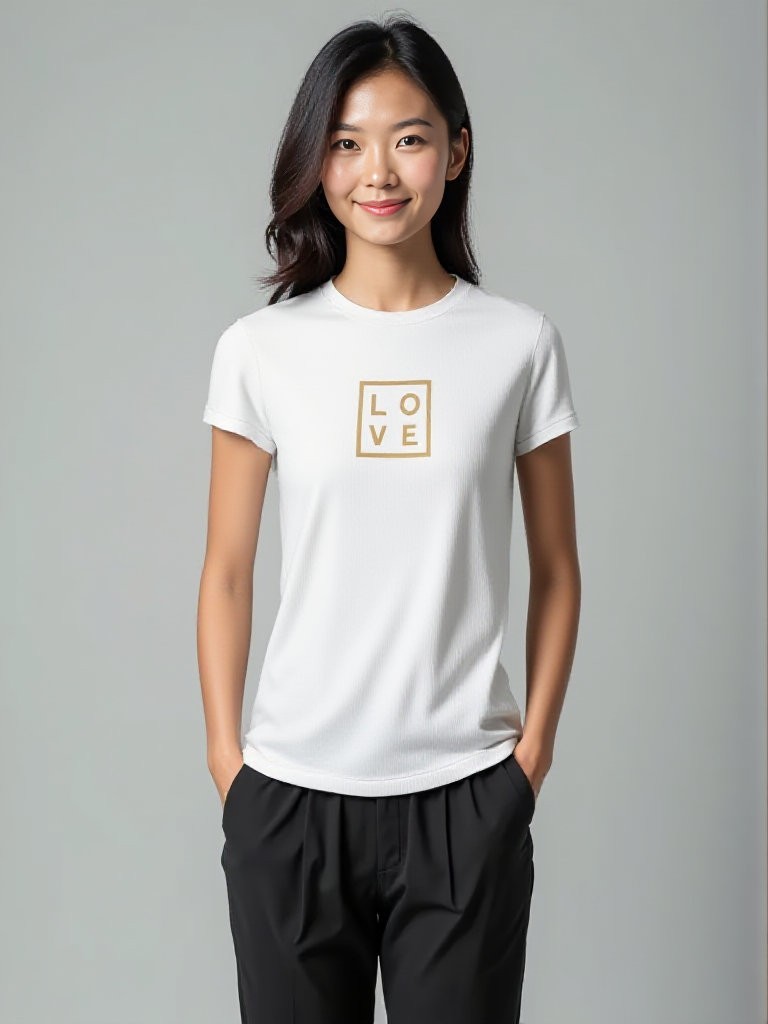 White T-shirt – LOVE in Gold on the chest, Signature written high on the back T-Shirt